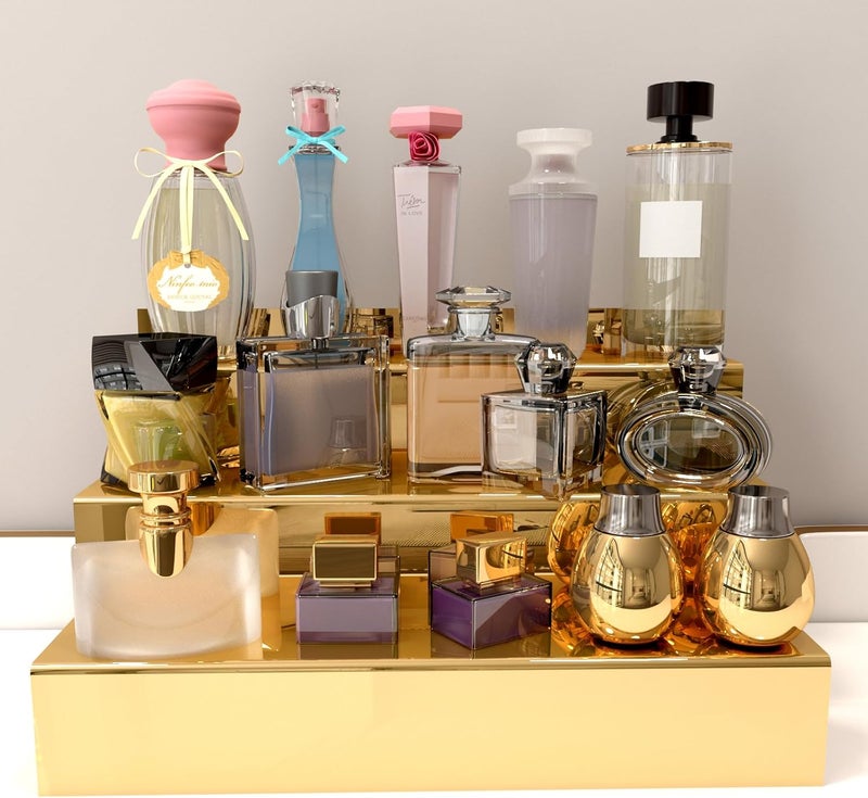 YMVV 12 IN Mirror Gold Acrylic 3 Tier Display Riser Perfume Organizer, Perfume Cologne Organizer Holder, Pops Toy Figures, Clear Cupcake Riser, Dessert Shelf - Image 2